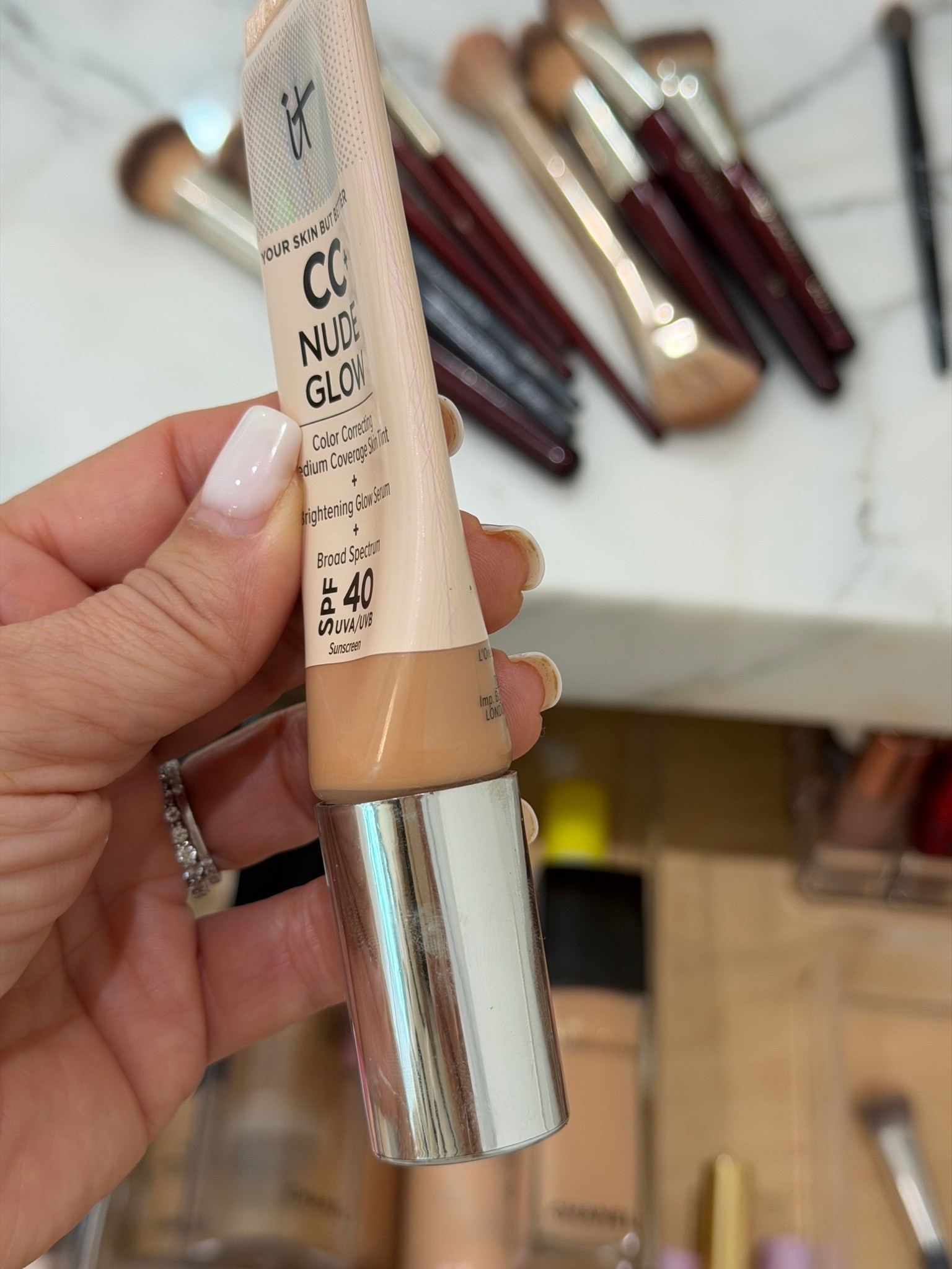 Currently most used foundation! Coverage is medium and buildable. It already has the glow in there. I usually have to add other products in.  
SPF 40
She’s perfect with the pump application too! 
-@itcosmetics 
@bkbeauty brushes only code TAMMYC10

#LTKOver40 #LTKBeauty