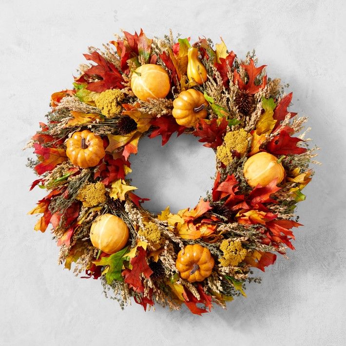Pumpkin & Fall Leaves Live Wreath | Williams-Sonoma