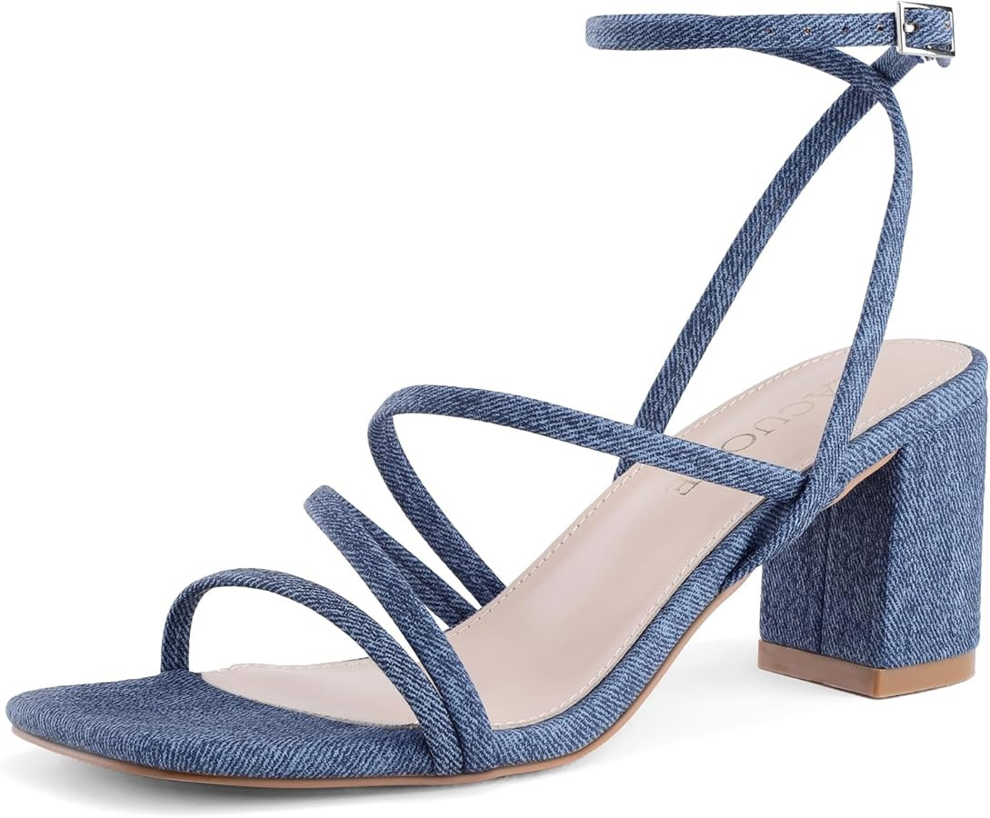 LACUONE Women's Mid Heels Square Toe Chunky Block Heeled Strappy Ankle Buckle Pump Sandals | Amazon (US)