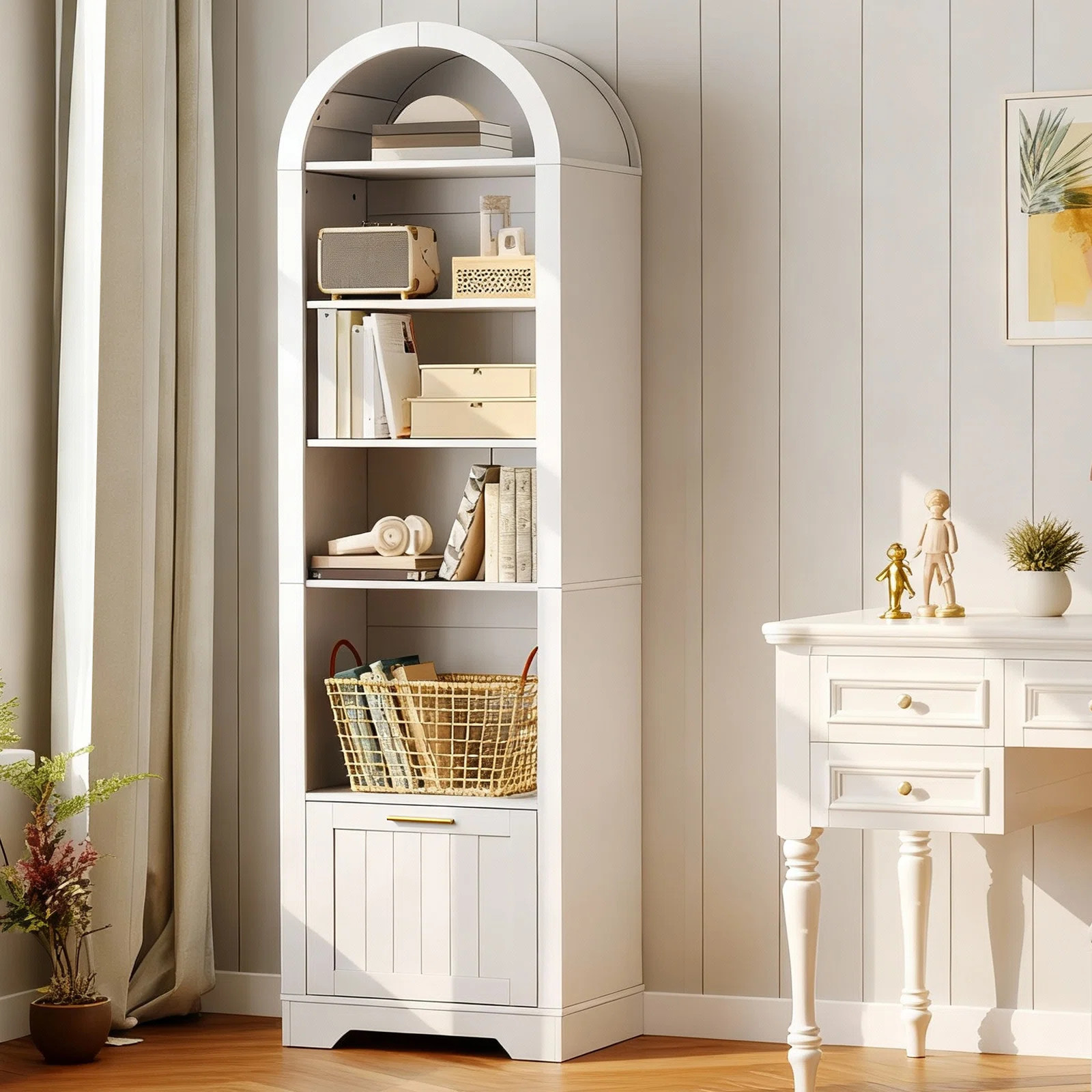 Arched Bookshelf with File Drawer, 71" Tall Narrow Bookcase for Small Spaces | Wayfair North America