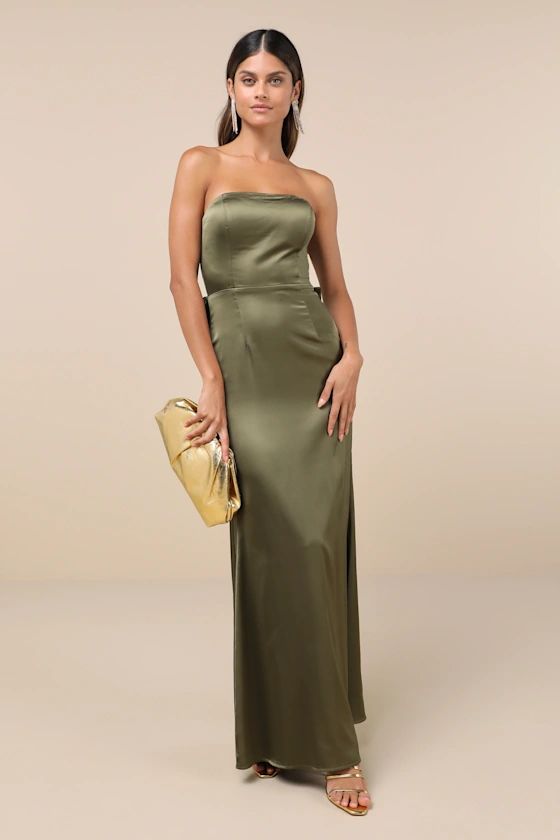 Absolutely Poised Olive Green Satin Strapless Bow Maxi Dress | Lulus