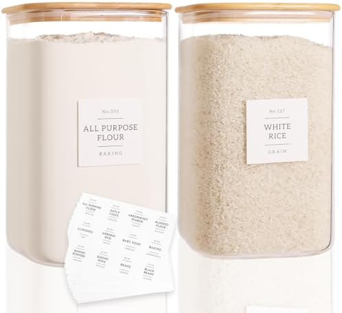 2 Pack Square Glass Flour and Sugar Containers with 132 Kitchen Pantry Labels - Thicken 149 FL OZ... | Amazon (US)