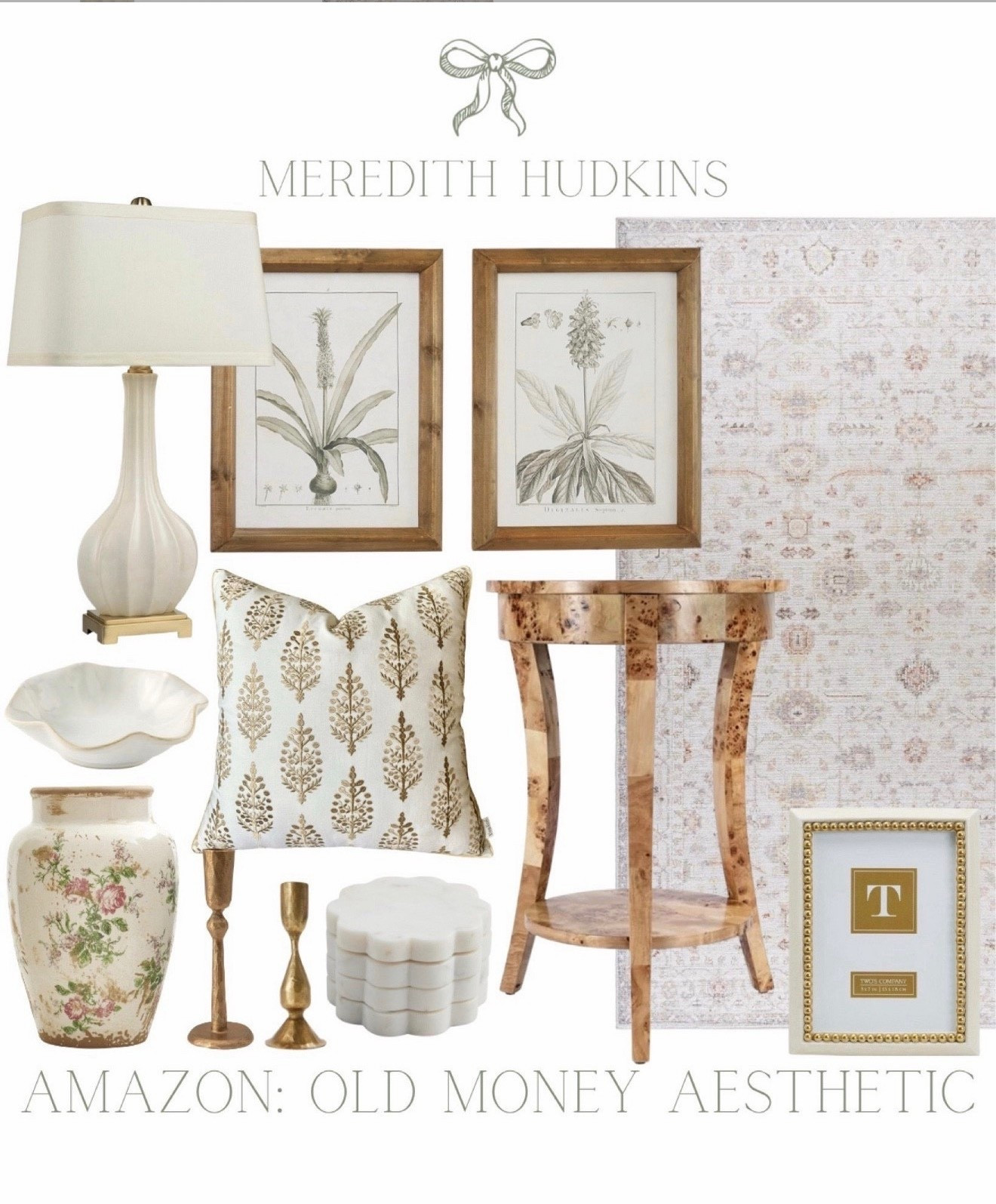 meredith hudkins, old money aesthetic, preppy style, classic home decor, timeless decor, traditional home decor, burlwood table, side table, accent table, table lamp, lighting, throw pillow, accent pillow, area rug, vase, marble coasters, picture frame, framed art

#LTKFindsUnder100 #LTKHome #LTKSaleAlert
