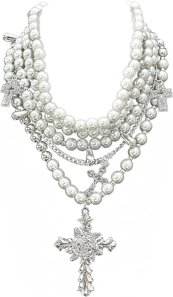 Layered Pearl Necklace Gothic Cross Pearl Stacked Necklace for Women | Amazon (US)