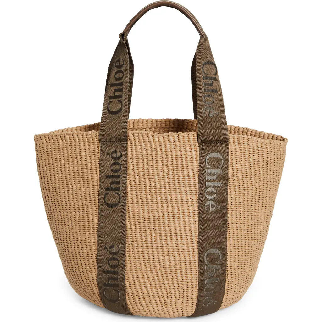 Chloé Large Woody Straw Basket Tote in Dark Nut/Beige at Nordstrom | Nordstrom