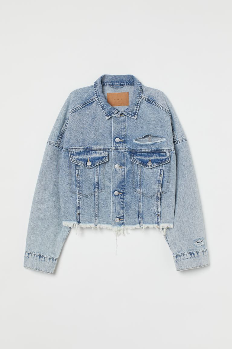 Short, boxy jacket in washed cotton denim with heavily distressed details. Collar, buttons at fro... | H&M (US)