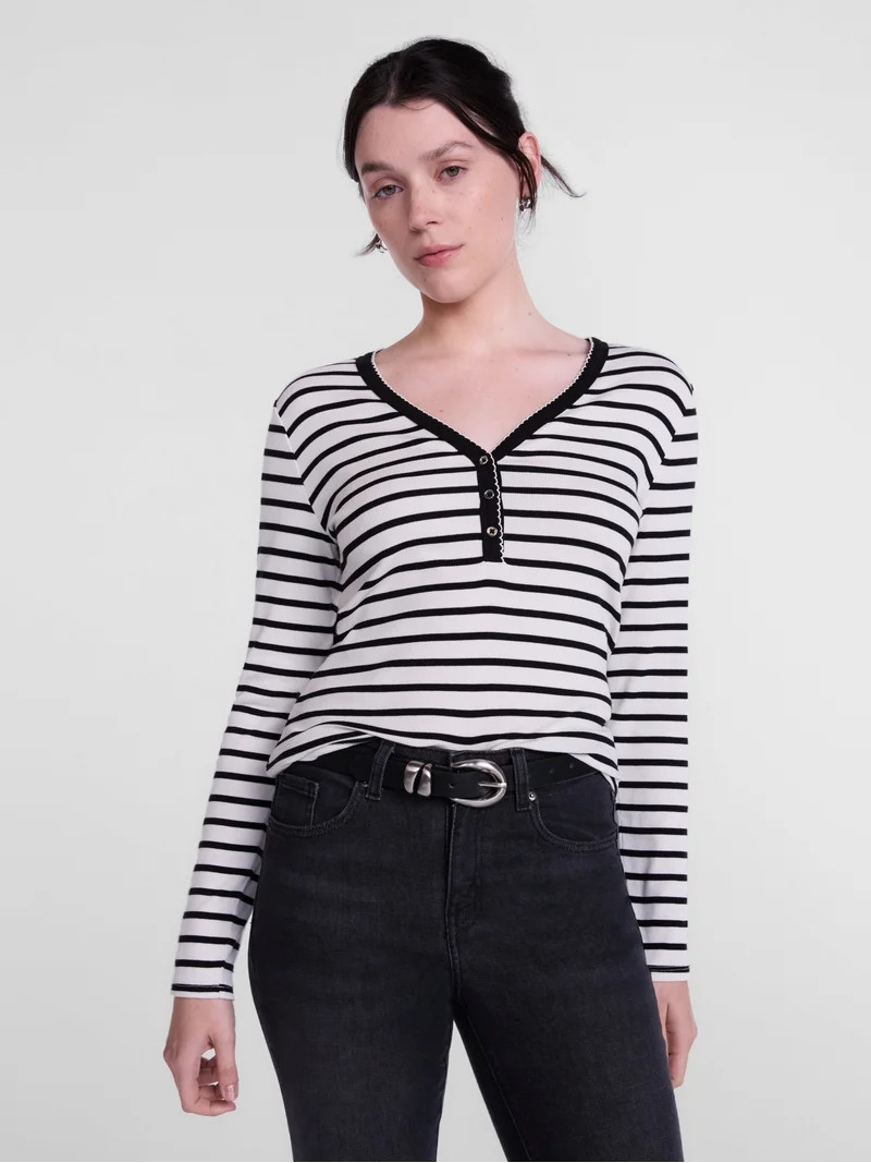 Scenario Women's and Women's Plus Striped Henley Shirt with Long Sleeves, Sizes XS-4X | Walmart (US)