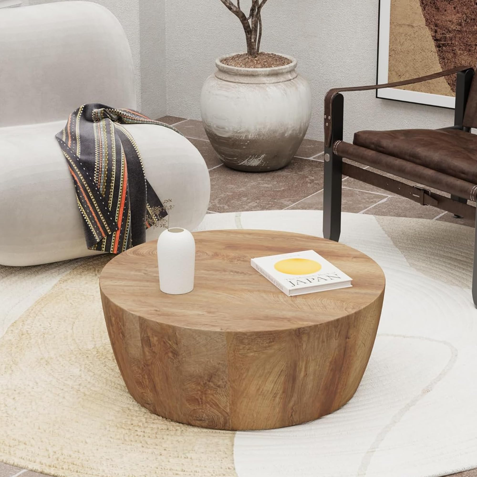 30" Round Coffee Table, Drum Coffee Tables for Living Room, Vintage Reversible Wooden Coffee Table, Mid Century Modern Center Table Tea Table for Bedroom or Office, No Need Assembly | Amazon (US)