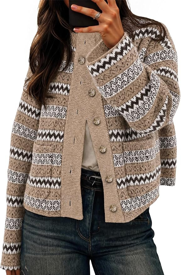 Cicy Bell Womens Fair Isle Cardigan Long Sleeve Mock Neck Fall Knit Sweater | Amazon (US)