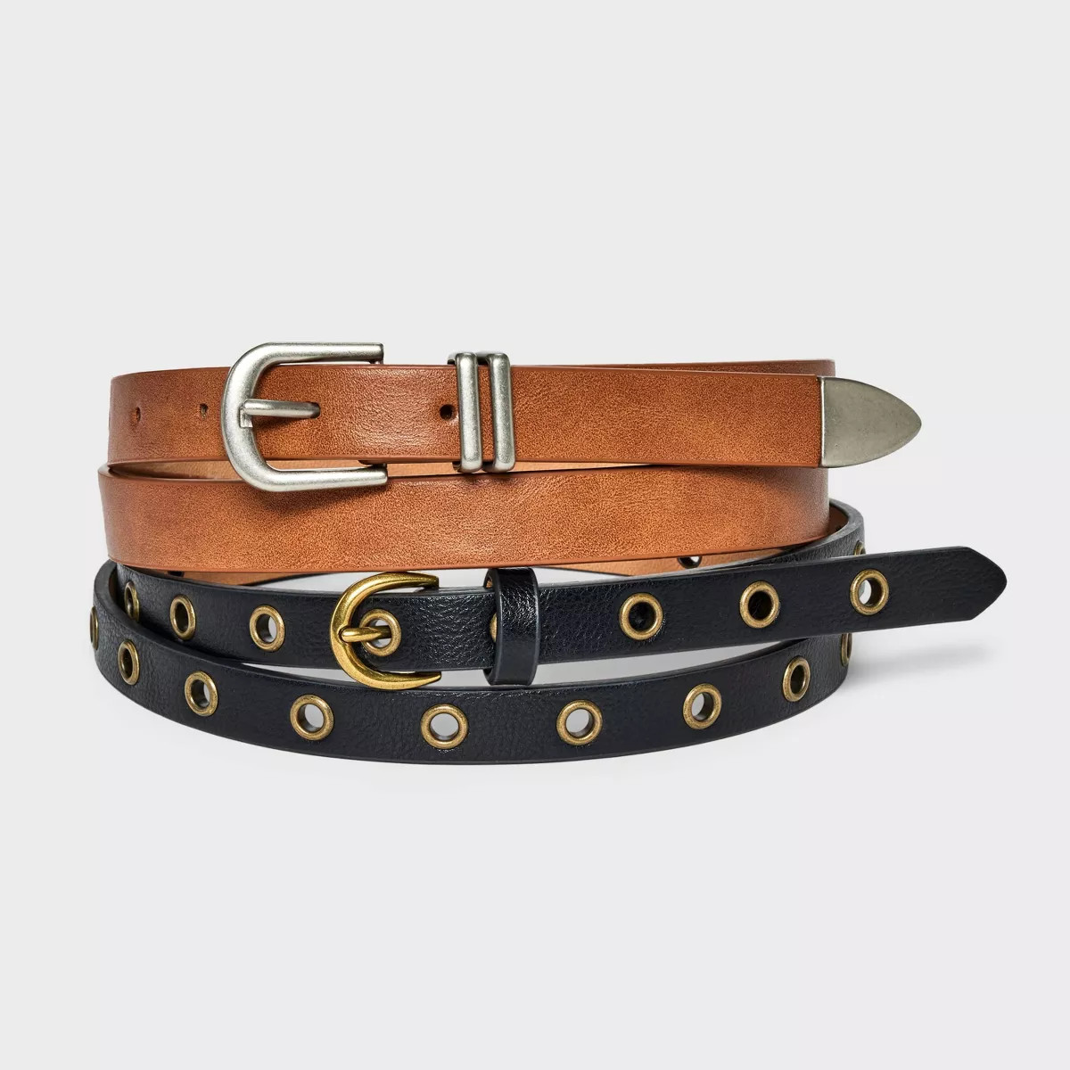 Women's 2pk Grommet & Silver Buckle Belt - Universal Thread™ Black/Brown | Target