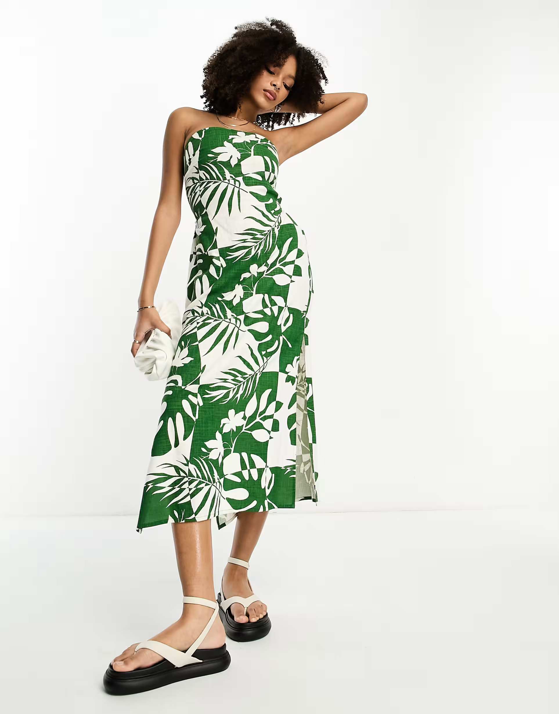 ASOS DESIGN linen midi bandeau sundress with cut out back in green abstract tropical print | ASOS (Global)