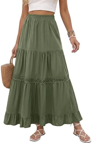 Womens Long Maxi Cotton Skirts Boho Lace Crochet Tiered Flowy Ruffle A-Line Skirt 2026 Trendy Bea... | Amazon (US)
