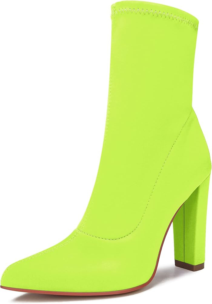 Women's High Heeled Booties Pointed Toe Mid Calf Ankle Boots Block Chunky Heels boot Stretch Lycr... | Amazon (US)