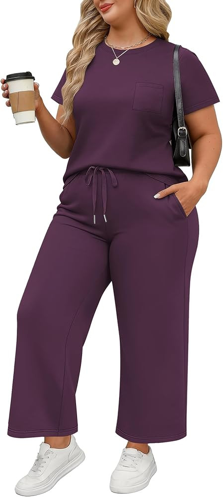 HDLTE Plus Size 2 Piece Lounge Sets Women Casual Travel Vacation Outfits Short Sleeve Wide Leg Ma... | Amazon (US)