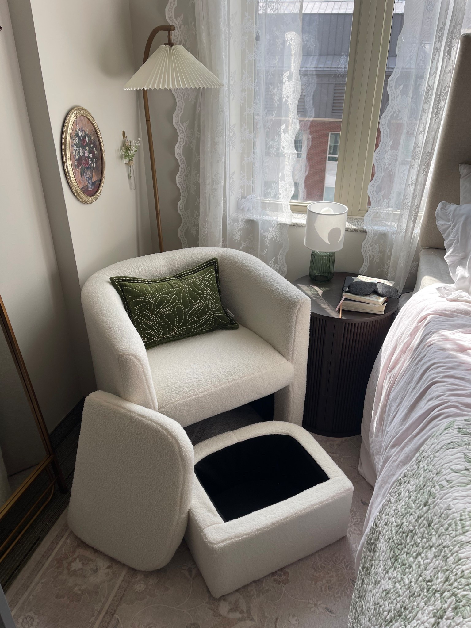 The PERFECT compact cozy boucle armchair with hidden storage in the ottoman which slides underneath the seat. Dorm room approved! (Rug is discontinued by Ruggable)

#LTKHome #LTKSaleAlert #LTKFamily