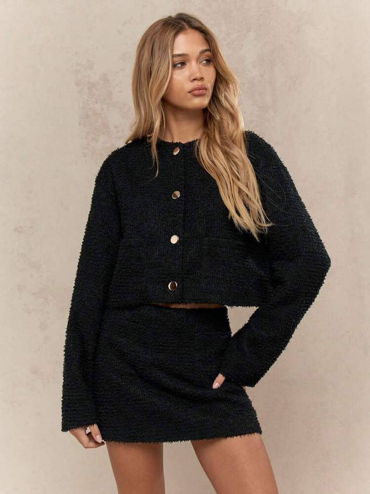 MISSGUIDED Fluffy Boucle Knit Cardigan Skirt Set Winter Casual Long Sleeve Button Front Cozy Two Piece Fall Sweater Outfit Mini A Line | SHEIN