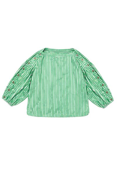 Cropped Button Sleeve Blouse - Green & Silver Pinstripe | Shop BURU