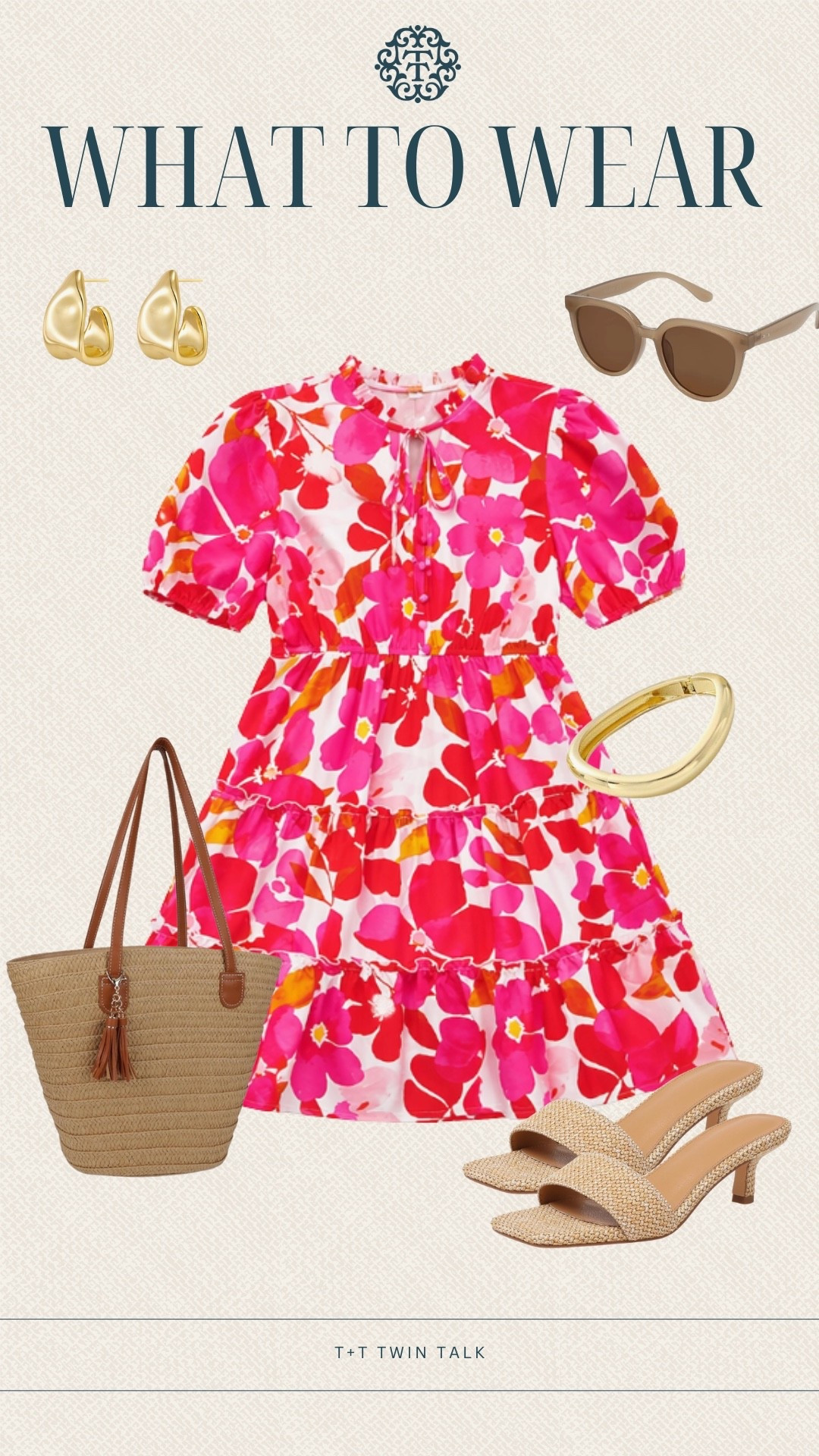 T+T, what to wear! We picked this pink floral dress that makes a statement with a bold print that instantly pulls everything together! Adding gold jewelry and a raffia bag adds neutrals to keep it all simple. This is perfect for a summer dinner or weekend plans!

#LTKOver40 #LTKSeasonal #LTKMidsize