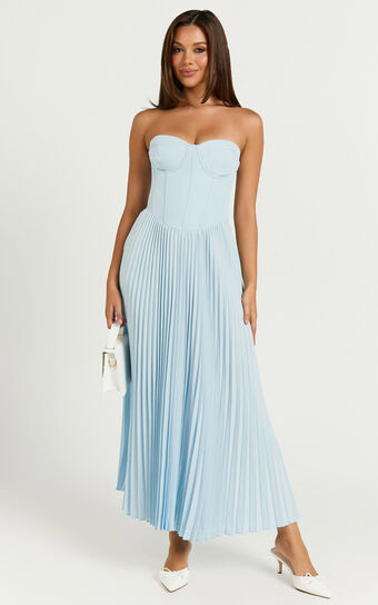 Loretta Midi Dress - Lace Up Back Bustier Pleated Dress in Light Blue | Showpo (US, UK & Europe)