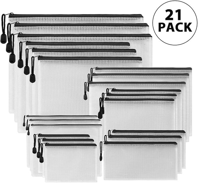 SUNEE 21Pack Black Zipper Pouch(7 Sizes), Zipper File Bags with Grid Travel Pouch as Multipurpose... | Amazon (US)