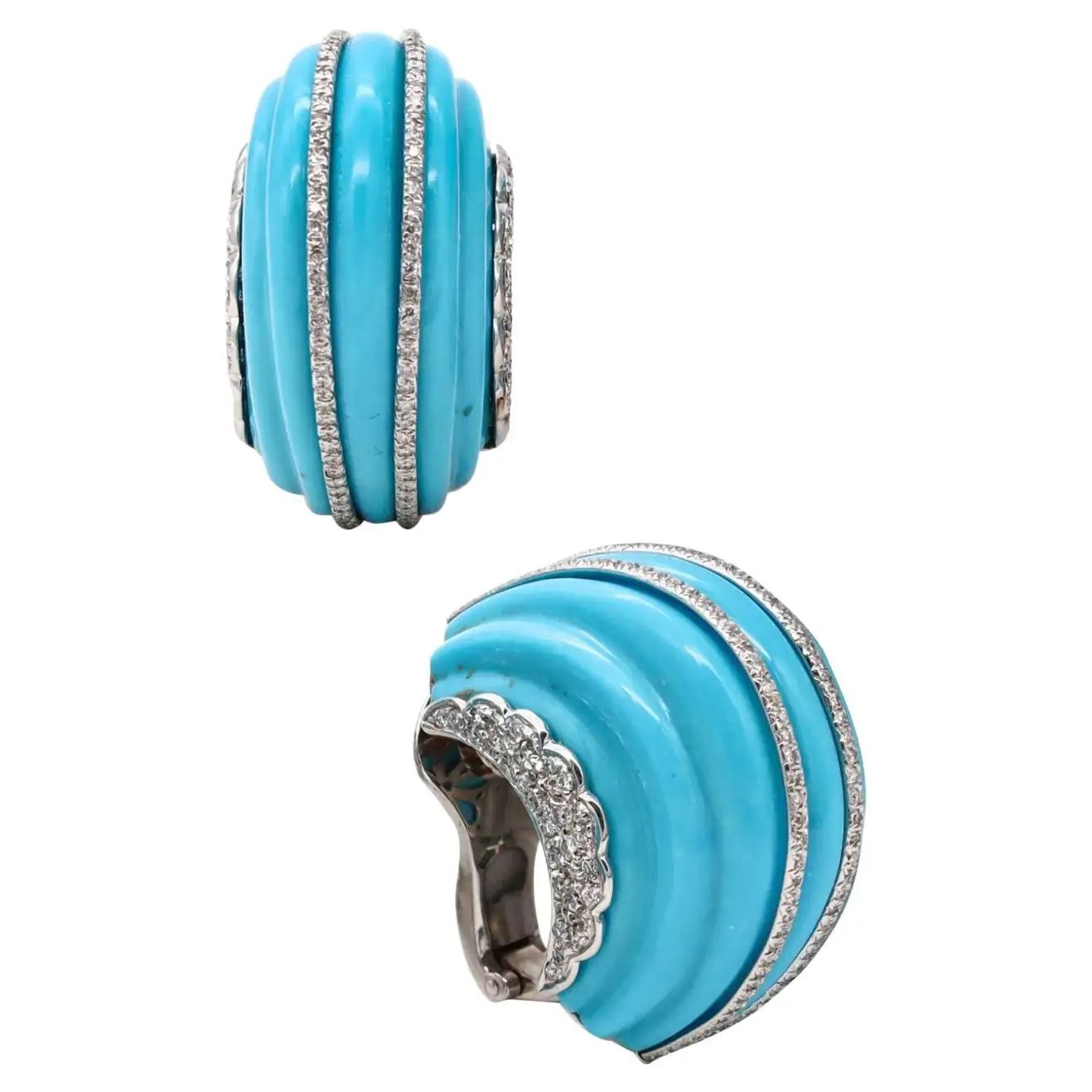 Fred Leighton New York Platinum Fluted Earrings 2.72Cts Diamonds & Turquoises | 1stDibs