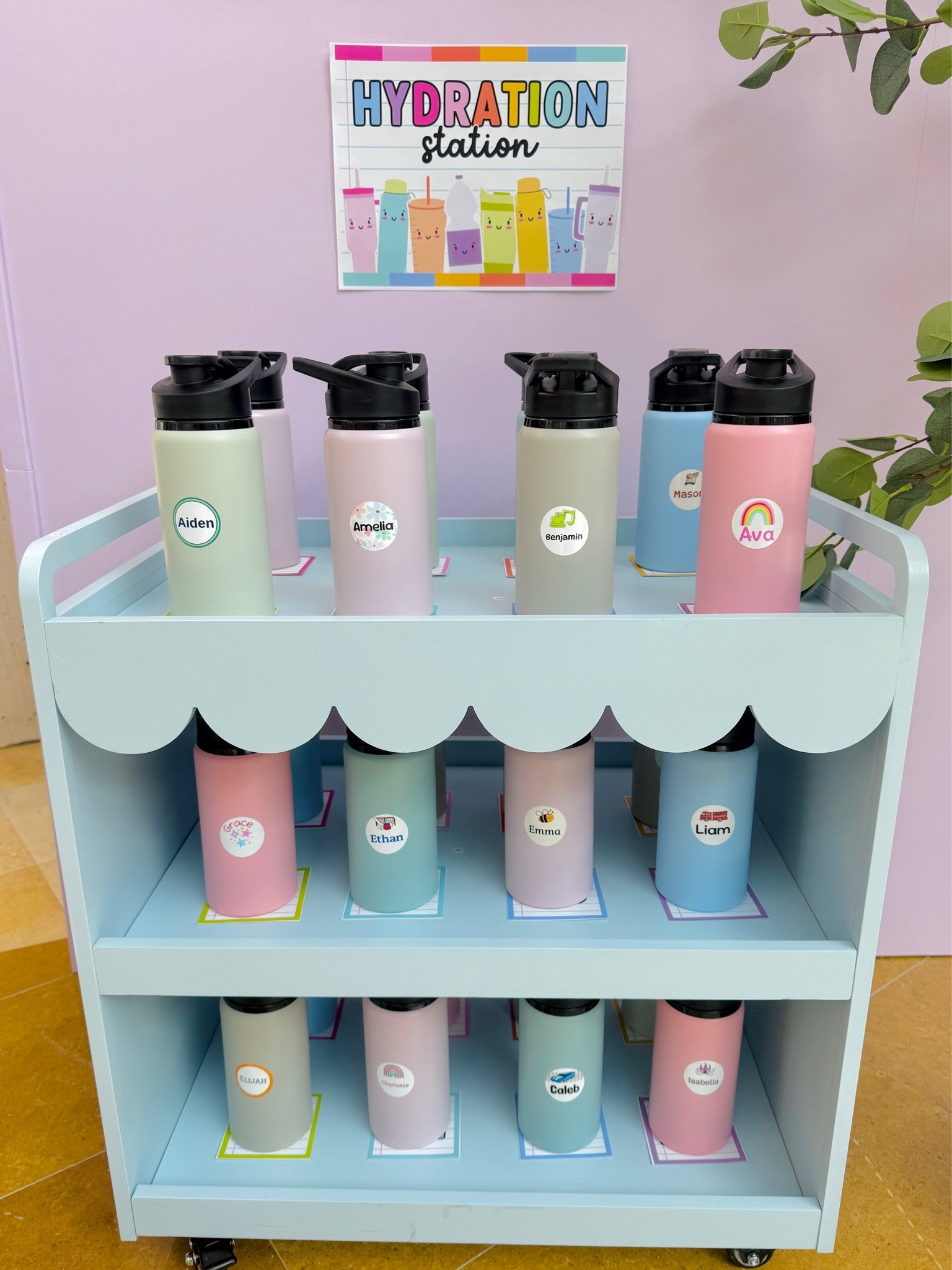 Our hydration station cart in the GYTO classroom with cute scallop details!
