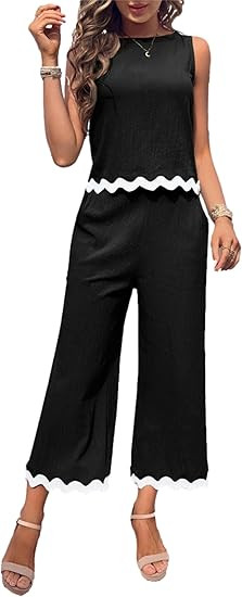Wanzetaly Women's Summer Casual 2 Piece Outfits Cropped Tank Top High Waist Capri Pants Lounge Ma... | Amazon (US)