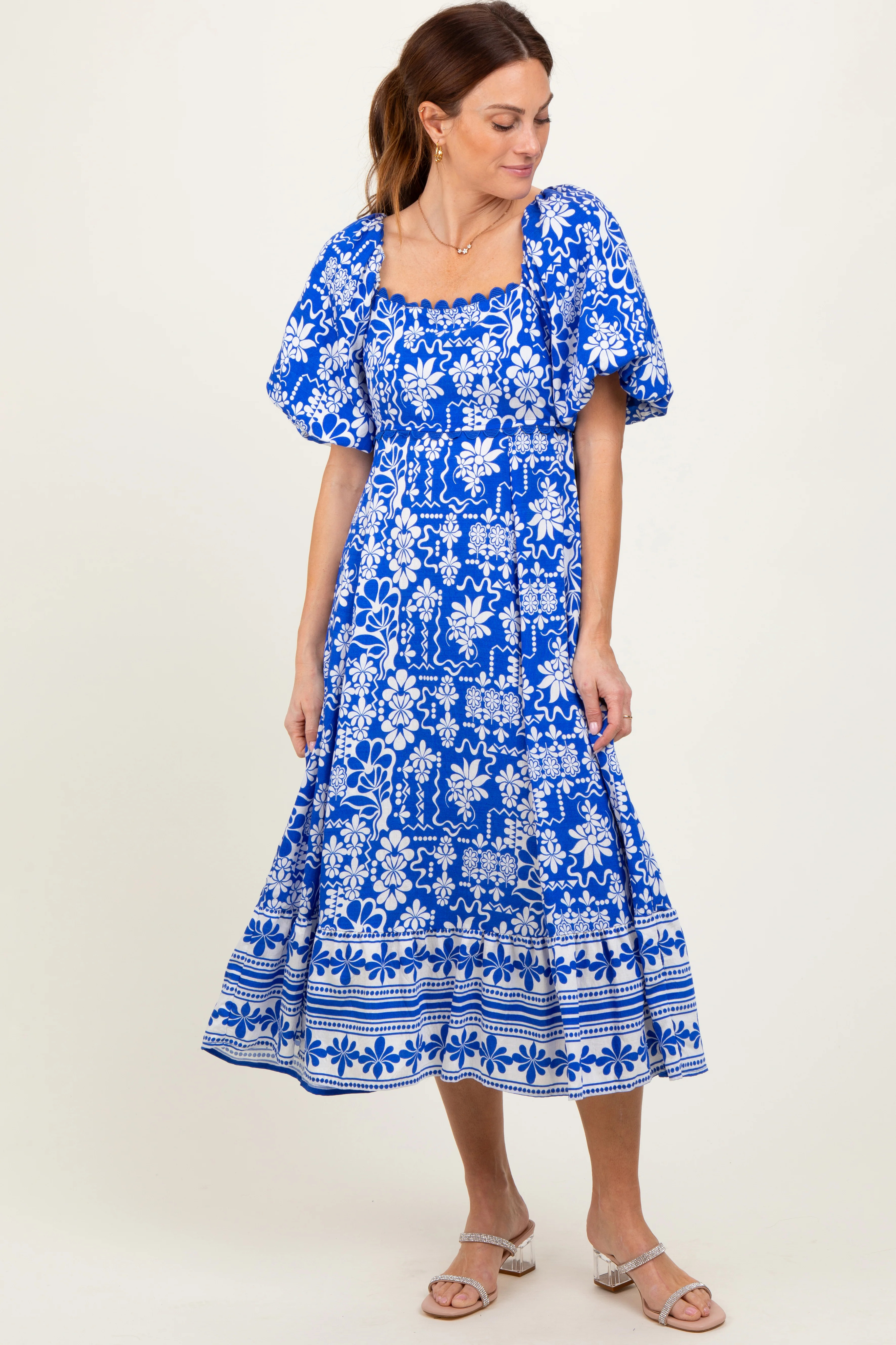 Blue Floral Scallop Trim Midi Dress | PinkBlush Maternity