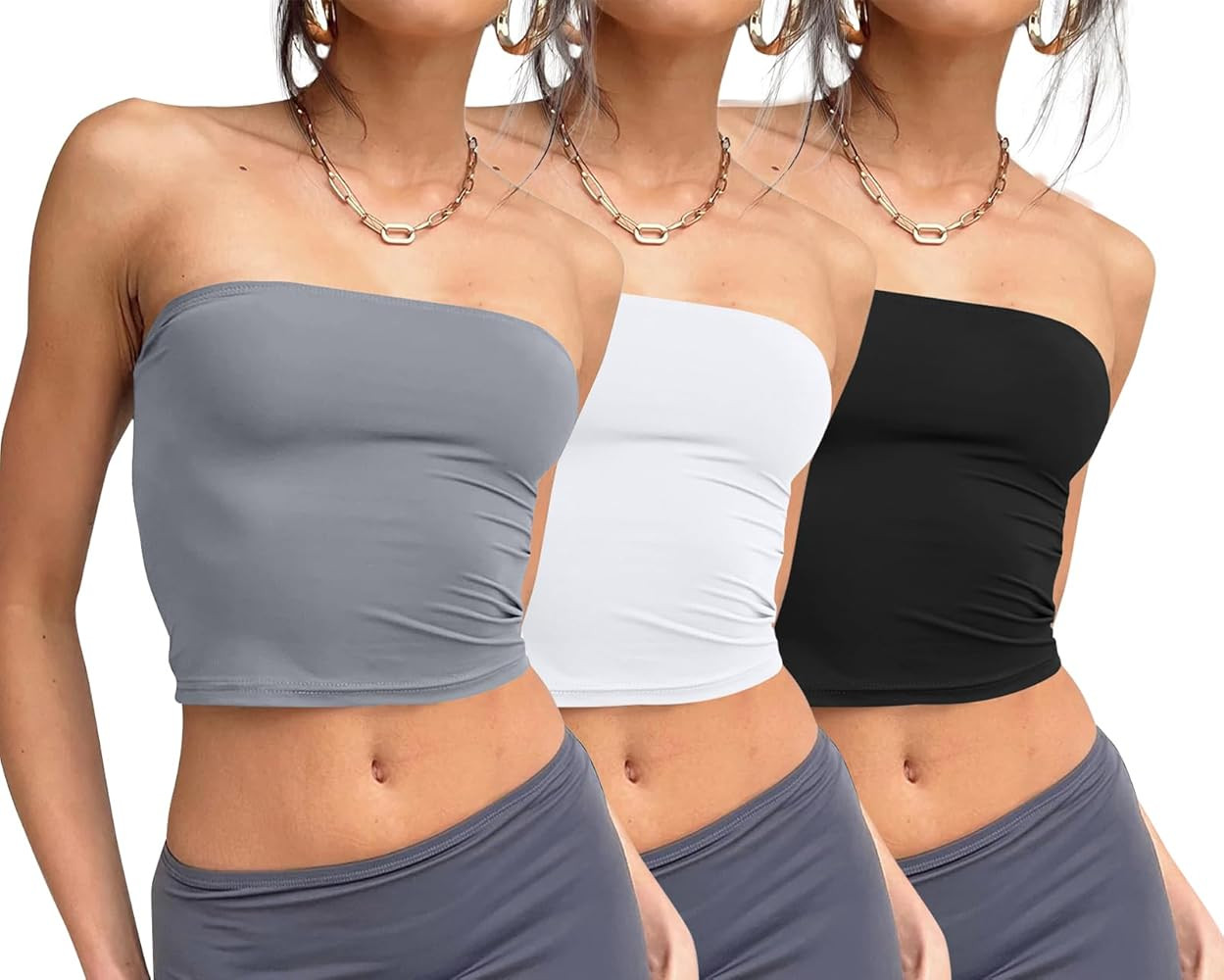 Trendy Queen Womens 3 Pack Tube Tops Crop Going Out Strapless Basic Backless Bandeau Bra Summer O... | Amazon (US)