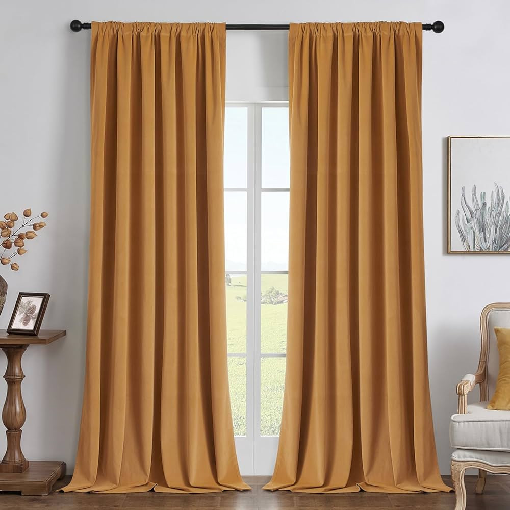 Joydeco 100% Blackout Curtains 96 Inch Long 2 Panels, Luxury Black Out Thermal Insulated Mustard ... | Amazon (US)