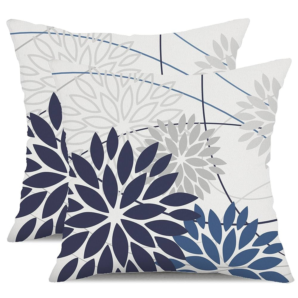 Blue Flower Pillow Covers 18x18 Inch Set of 2 Dark and Light Blue Colored Pillow Farmhouse Outdoo... | Amazon (US)