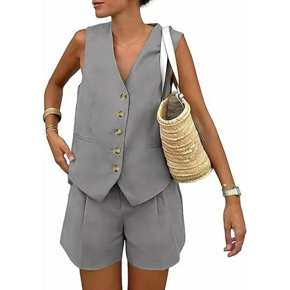 PRETTYGARDEN Women's Summer 2 Piece Outfits Sleeveless Matching Sets Button Down V Neck Vest Wais... | Walmart (US)