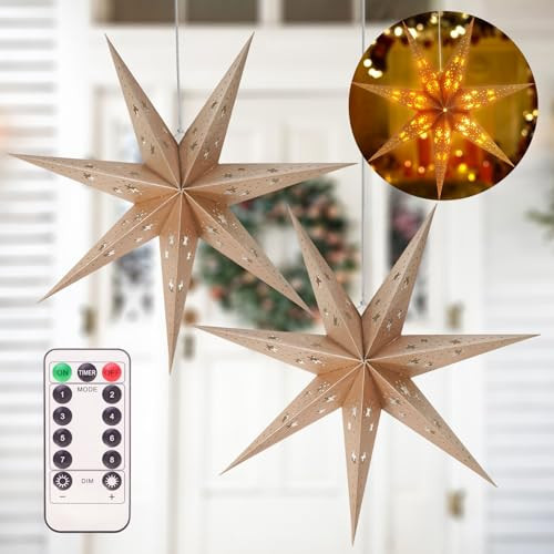 2 Pack 26.8 Inch Paper Star Lantern, 8 Modes 7-Pointed Star Diwali Hanging Paper Lights, Hollow Out Star Christmas Decorations, Christmas Star Paper Lamp Indoor for Birthday Wedding Party | Amazon (US)