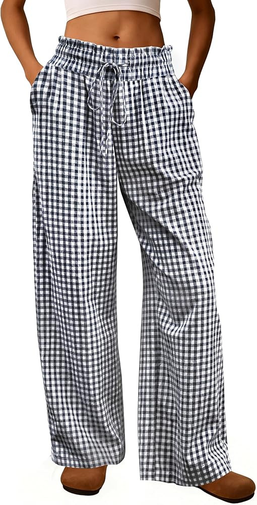 Womens Striped Gingham Pants Cotton Ruffle Pajama Lounge Pj Bottoms Plaid Trousers Summer Clothes... | Amazon (US)