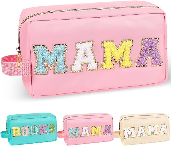 Chenille Letter Makeup Bag Mama Pouch, Nylon Preppy Patch Makeup Bag Small Travel Makeup Zipper P... | Amazon (US)