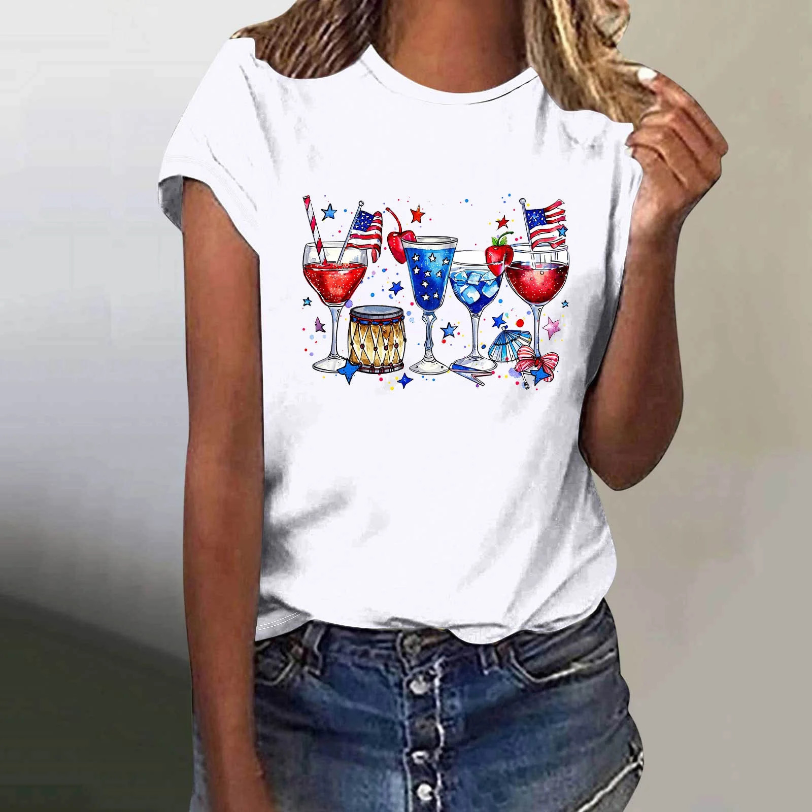 SOOMLON 4th of July Short Sleeve Blouses for Women Wine Glass Independence Day Shirts Crew Neck A... | Walmart (US)