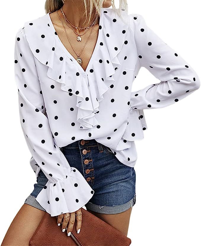 Women's Long Sleeve Work Shirt Polka Dots V Neck Chiffon Blouse Lotus Ruffled Office Button Tops ... | Amazon (US)