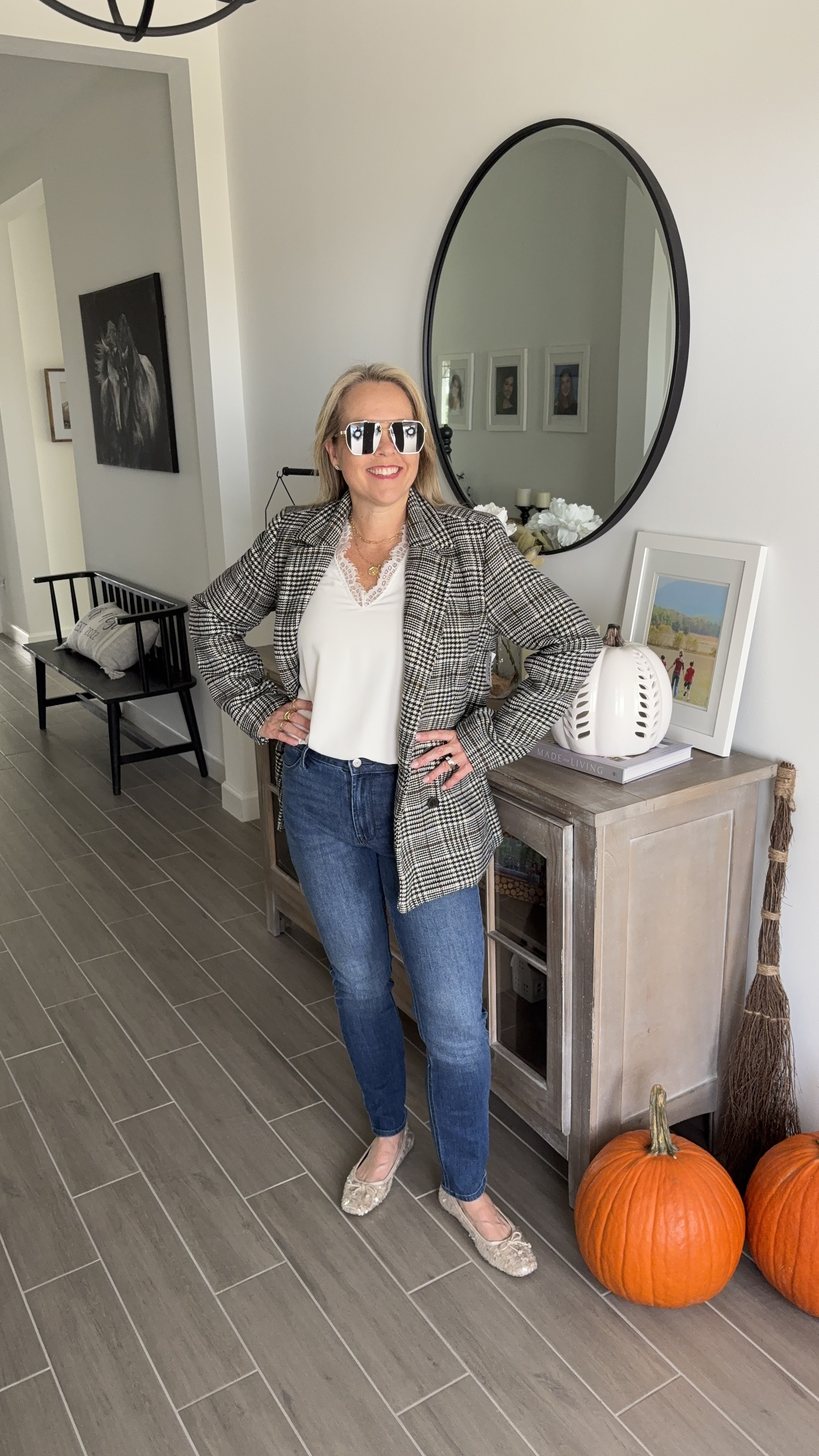 Plaid blazer paired with white lace tank top and high waisted jeans. Scoop sequin ballet flats. 

#LTKStyleTip #LTKFindsUnder50 #LTKSaleAlert