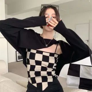 Cropped Sweater / Checkered Camisole Top | YesStyle Global