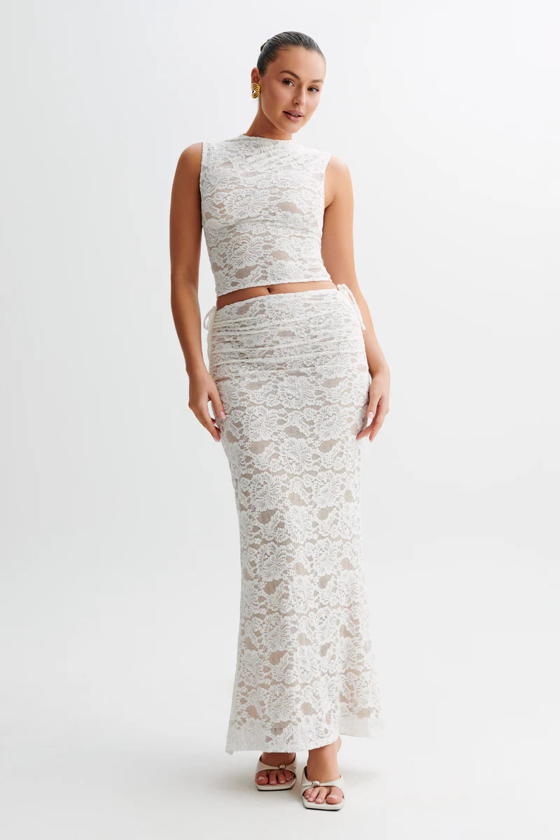 Daniela Lace Plisse Ruched Maxi Skirt - Ivory | MESHKI US