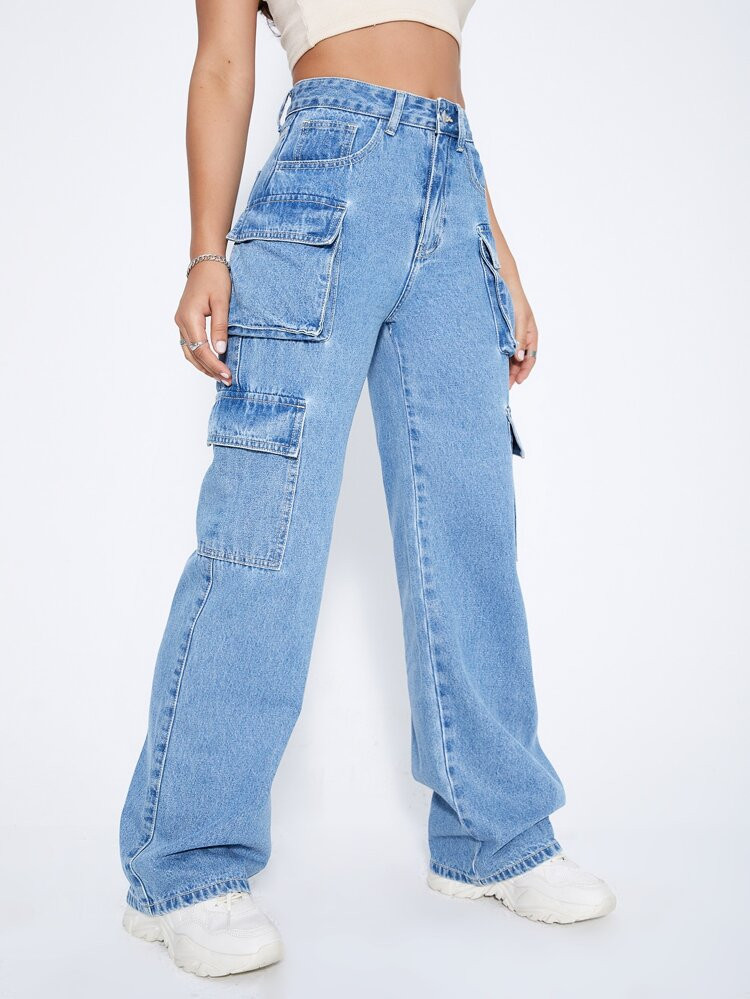 High Waist Flap Pocket Side Cargo Jeans | SHEIN
