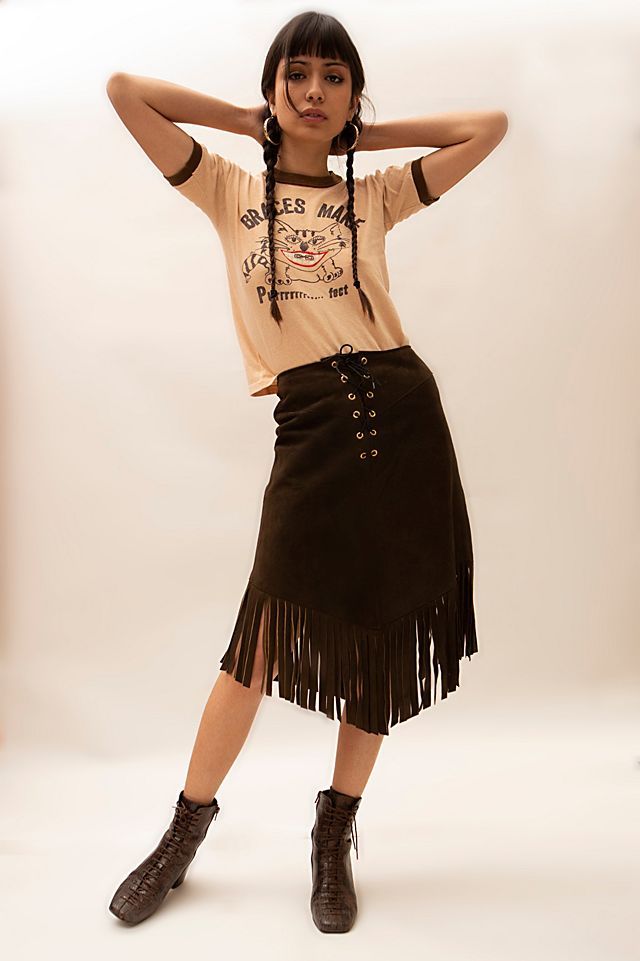 1970s Lace-Up Chocolate Suede Fringe Skirt Selected by Ally Bird Vintage | Free People (Global - UK&FR Excluded)