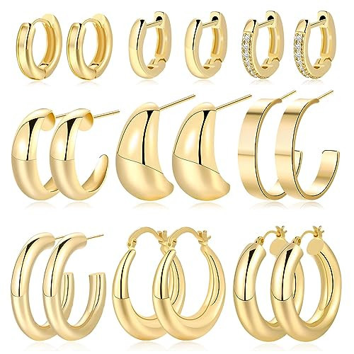 9 Pairs Chunky Gold Hoop Earrings Set for Women, 18K Gold Plated Hypoallergenic Trendy Thick Open Huggie Waterdrop Tear drop Hoop Set Jewelry for Gifts | Amazon (US)