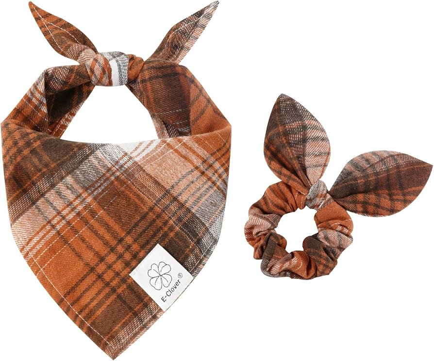 E-Clover Fall Dog Bandanas Matching Dog Bandana and Scrunchie Medium Large     Orange Plaid Dog B... | Amazon (US)