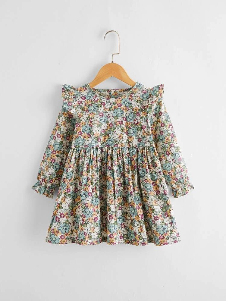 Toddler Girls All Over Floral Print Flounce Sleeve Smock Dress | SHEIN