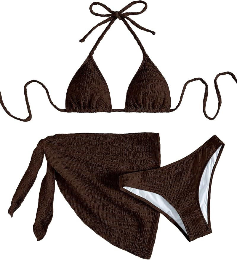 SHENHE Women's 3 Piece Textured High Cut Halter Triangle Bikini Swimsuit with Cover Up | Amazon (US)