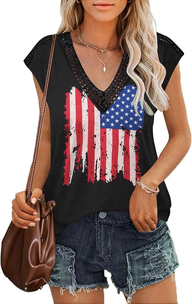 Zeagoo Women's Summer V Neck Guipure Lace Cap Sleeve Tank Tops Short Shirt Blouse | Amazon (US)