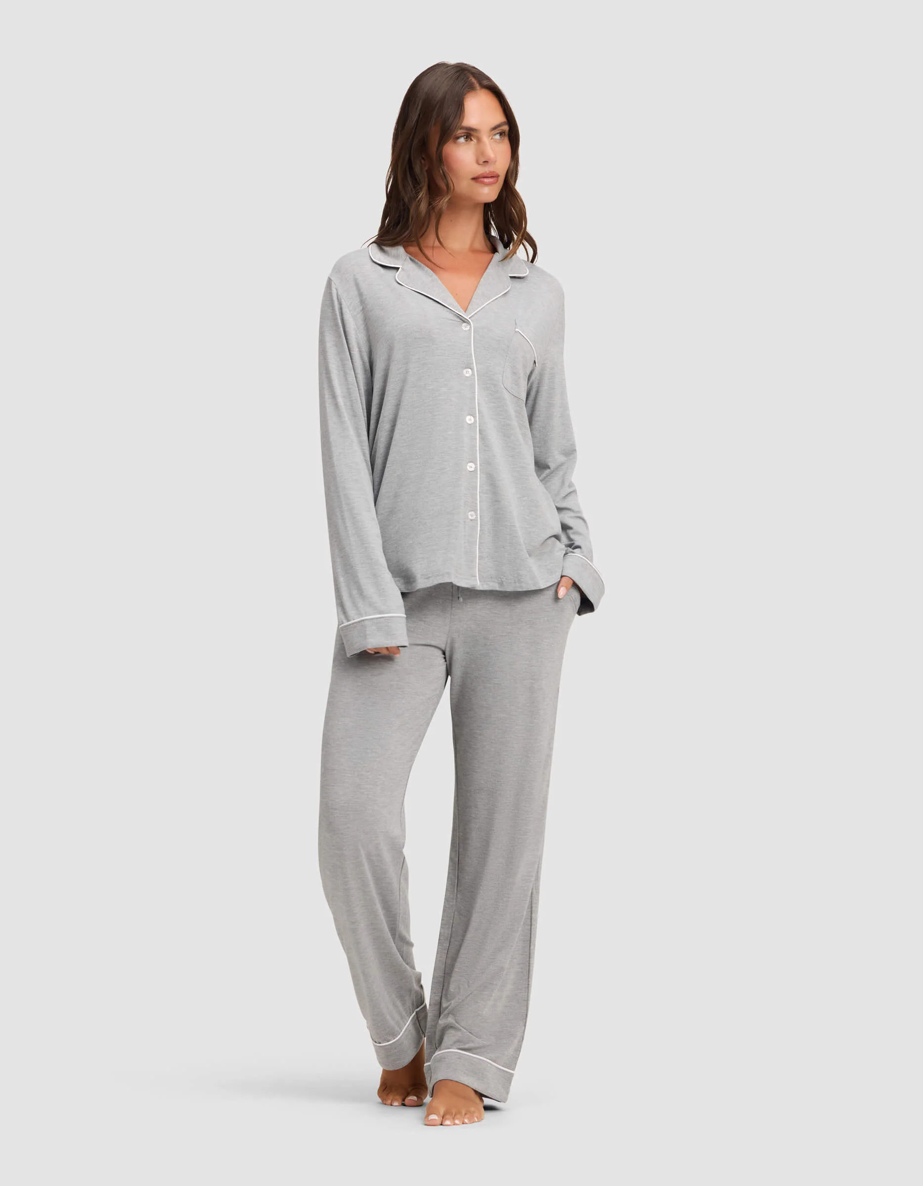 Women's Bamboo Viscose Stretch-Knit Long Sleeve Shirt Pajama Set in Grey (Size: Small) - Cozy Earth | Cozy Earth
