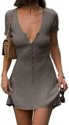Women Sexy Deep V Neck Button Front Knit Mini Dress Elegant Short Sleeve Ribbed Flowy Hem A-Line ... | Amazon (US)