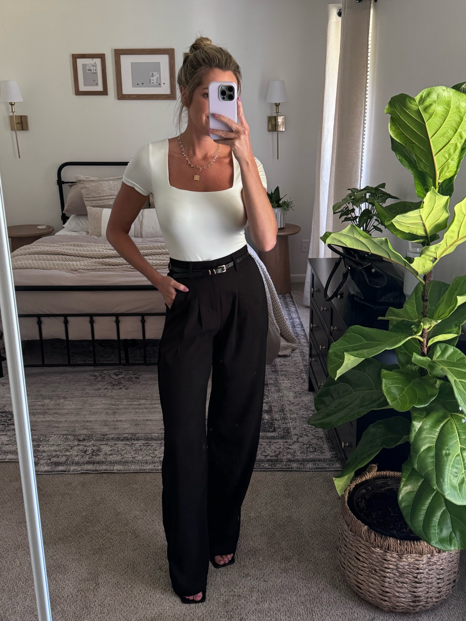 Women’s work outfits, office attire, wide leg pants, bodysuit, look for less